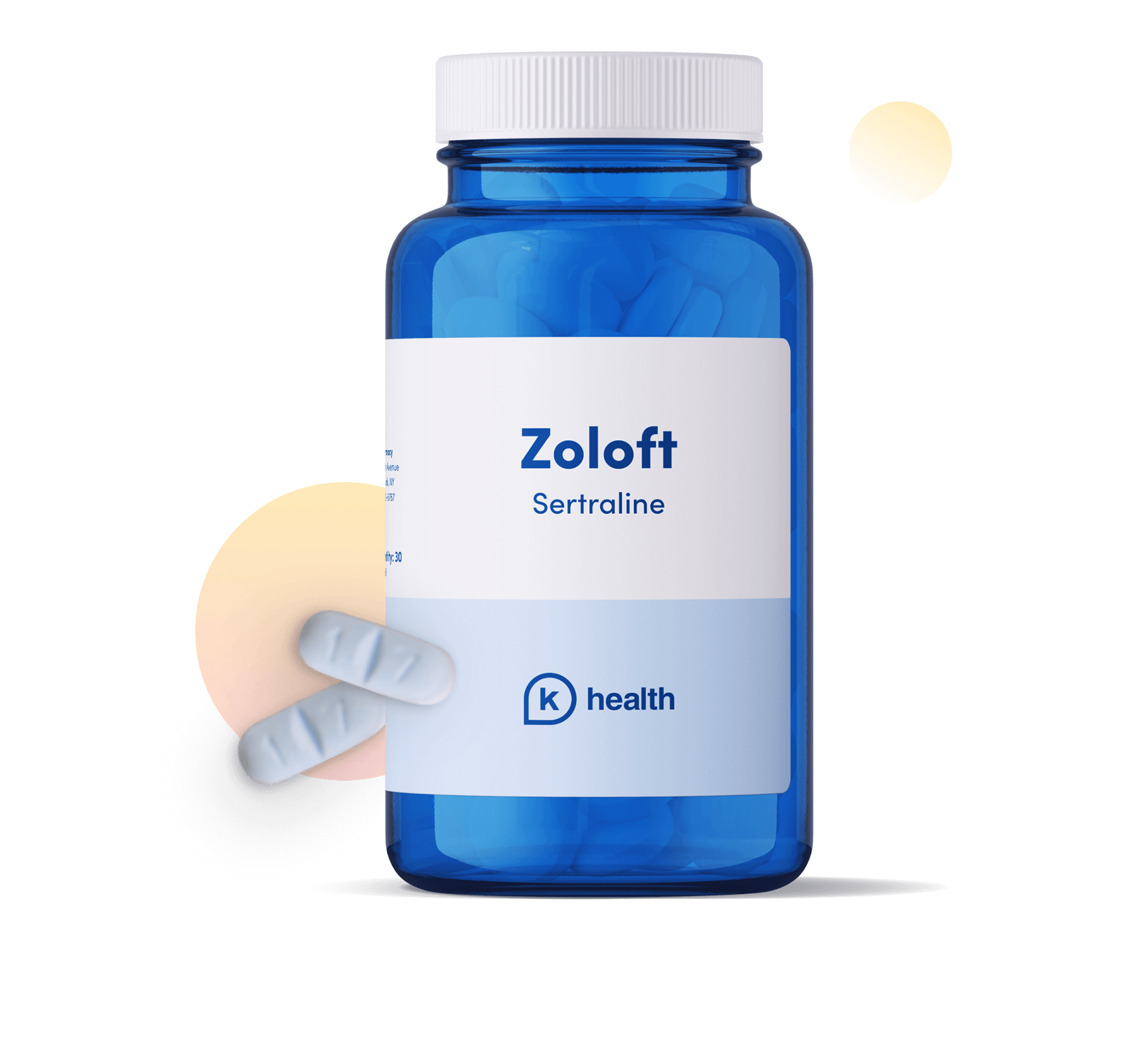 Bottle of Zoloft with two pills beside it