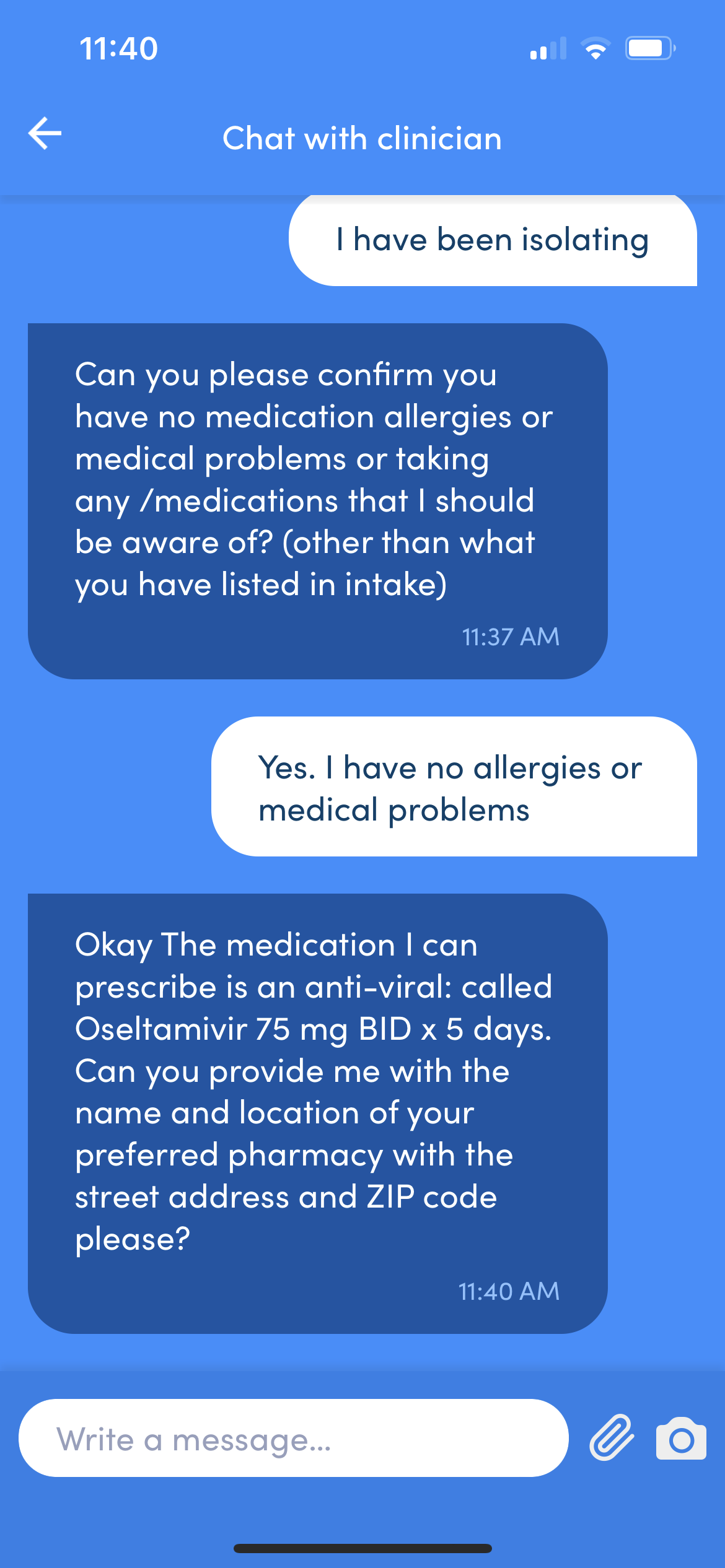 A phone using the K Health app to chat with a medical professional 