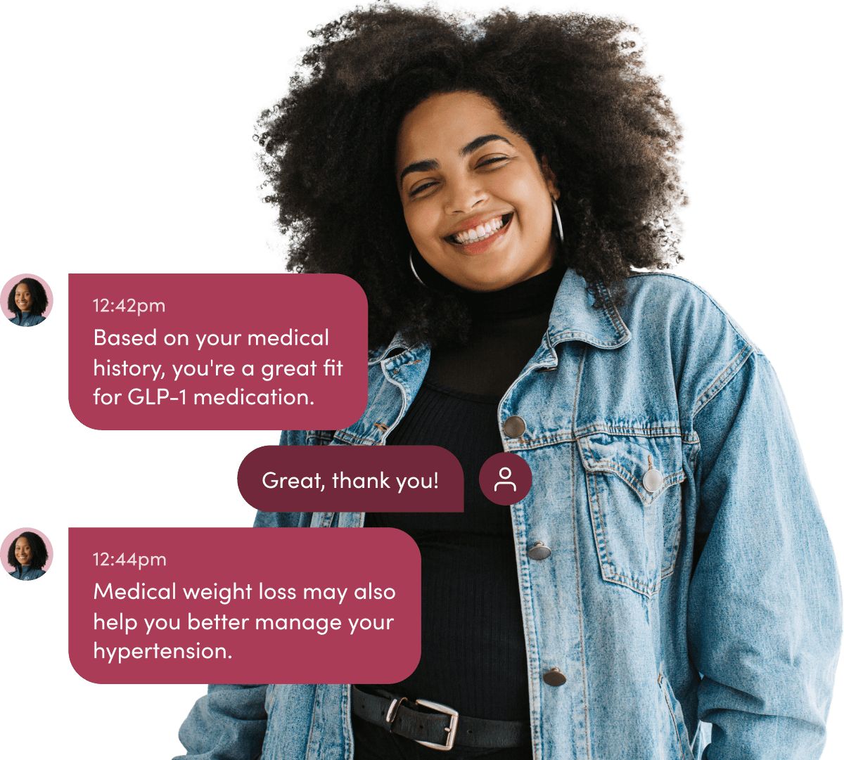 Plus-sized woman smiling overlayed with a chat with a doctor that reads: 'Based on your medical history, you're a great fit for GLP-1 medication.', 'Great, thank you!', 'Medical weight loss may also help you better manage your hypertension.'