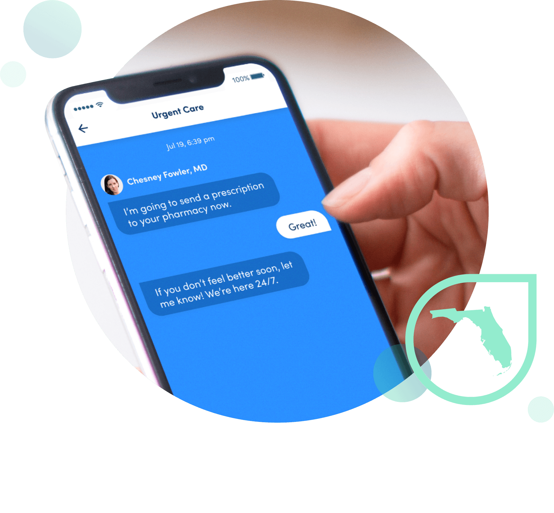 Photo of someone texting with a doctor. There is an icon of the state of Florida over it