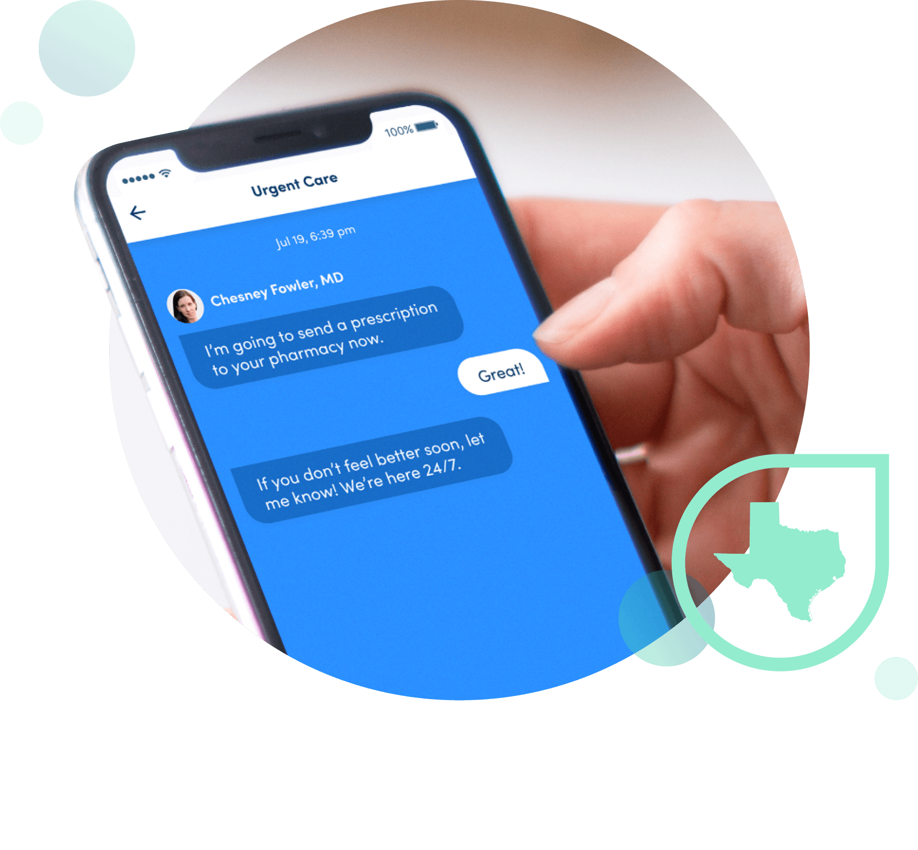 Photo of someone texting with a doctor. There is an icon of the state of Texas over it